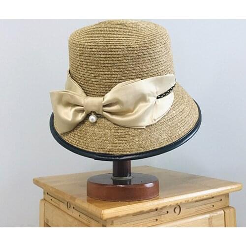 Women Crocheted Fine Braid Straw Hat Ribbon Bow Pearl UPF 50+ Wide Brim Sun Hat Summer Bucket Hat Ladies Kuntucky Derby Hat
