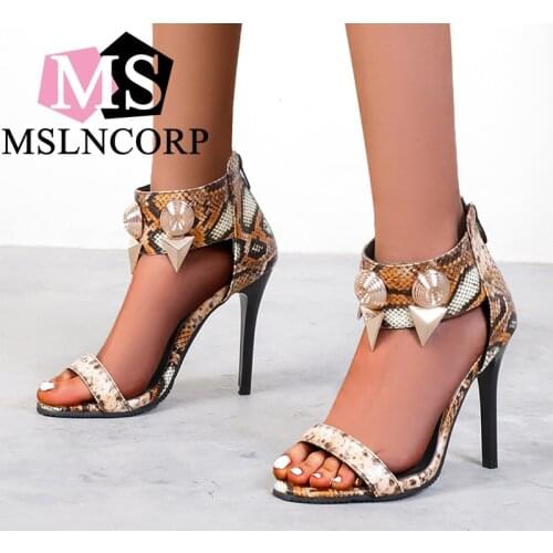 Hot Sales 2021 Summer Style Sexy Serpentine Rivet Women Sandals High Heels Open Toe Buckles Nightclub Party Shoe Black Sandals