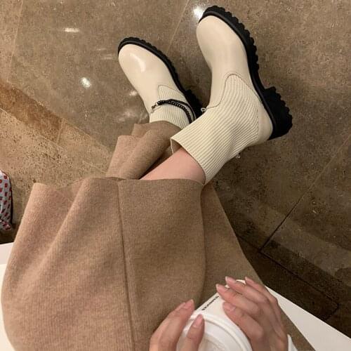 2021 Women Shoes Women Boots Winter Ankle Boots Zapatos De Mujer Genuine Leather fur boots Square Heels Stretch Sock boots