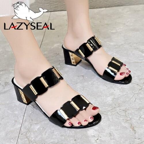 LazySeal Rhinestone Slippes Women Shoes Bohemia New Summer Beach Footwear Fashion Casual Slip-on Womens Square High Heel Slides