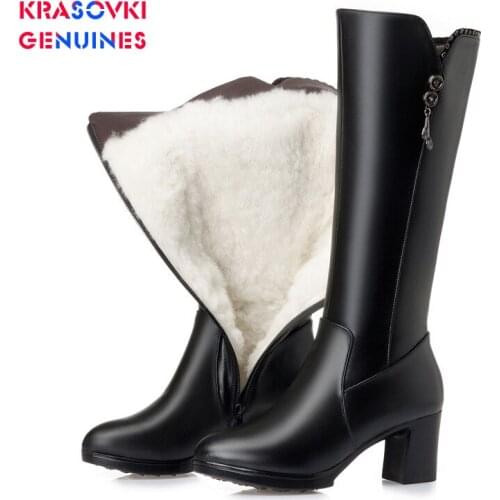 Krasovki Genuines Wool Women Zipper Snow Boots Fur Warm Shoes Plush Ankle Boots Warm Genuine Leather Platform Women Winter Boots