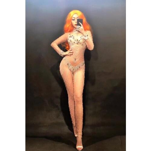 Women Sexy DS DJ Stage Pink Nude Jumpsuit Pink Glass Sparkling Crystals Bodysuit Nightclub Party Stage Wear Performance Costumes