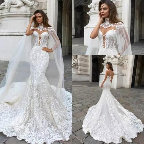 2021 beautiful lace mermaid wedding dress with Gugel back Caped Sheer Mesh Top Applique Plus size bride vestido