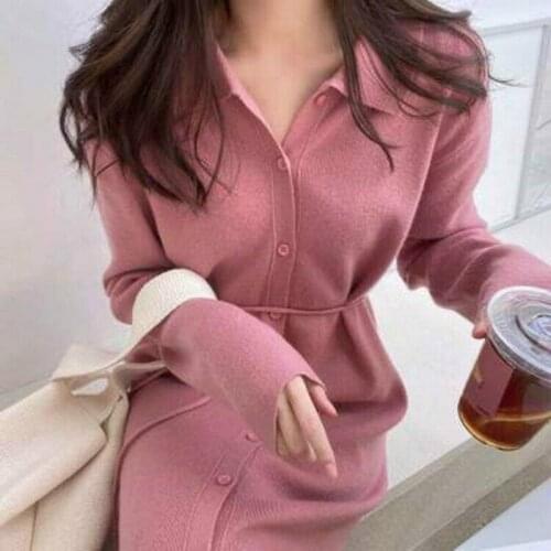 Women Knitted Button Dress Sweater Long Sleeve Midi Casual Stretch Fashion Tunic Jumper Knitwear Sweater Dress