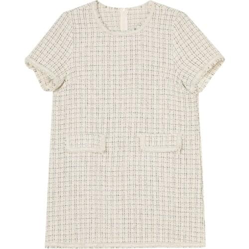 Women Short Sleeve Tweed Shift Dress White Black, Beige S,M