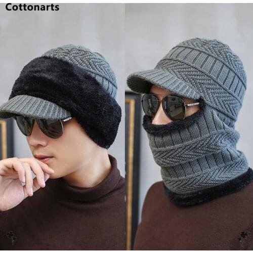 Winter Outdoor Warm Plus Velvet Woolen Hat Men Solid Skullies Beanie Hats with Neckerchief One-pieces Knitted Hat Unisex Bonnet