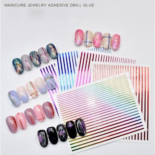 2 Sheets Rainbow Color 3D Nail Sticker Platinum Curve Stripe Lines Nail Stickers Adhesive Striping Tape Nail Art Stickers Decals