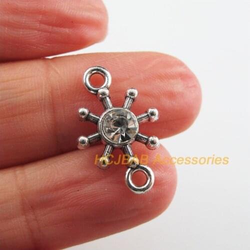 20 New Sun Charms Clear Crystal Flower Connectors Tibetan Silver Color 13.5x21mm