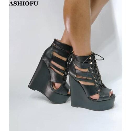 ASHIOFU Handmade Womens Wadge Heels Sandals Peep-toe Shoelace Party Prom Shoes Real-pics Evening Sexy Fashion Sandals Shoes