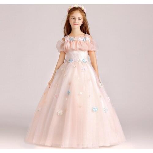 Flower Girl Dresses Princess Off The Shoulder Ball Gown Floor-Length Tulle Sequare Collar Luxury Embroidery Kid Party Skirt H104