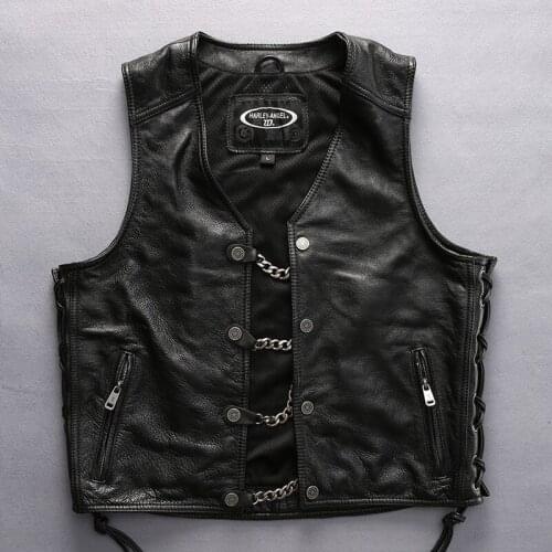 DHL Free Shipping 2021 NewStyle Male Vest Genuine Leather Motorcycle Rider Chain Vest Thick Genuine Leather Sleeveless Jacket