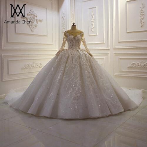 Royal Hot Design Long Sleeve Lace Appliques Sparkle Glitter Wedding dress