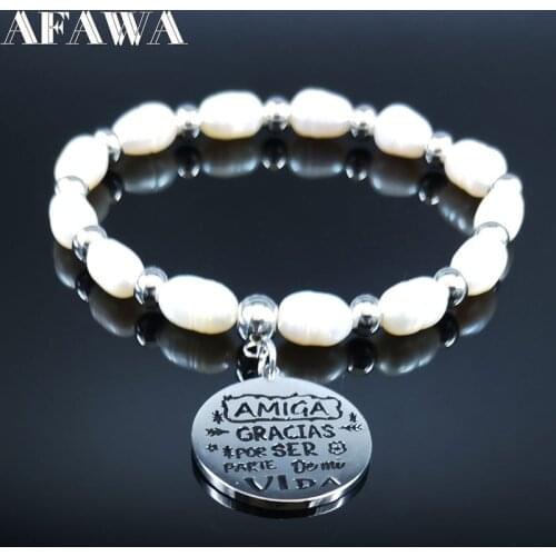 2021 Best Friend Freshwater Pearls Stainless Steel Bracelet Silver Color Amiga Bracelets Jewelry pulseras mujer moda B18652