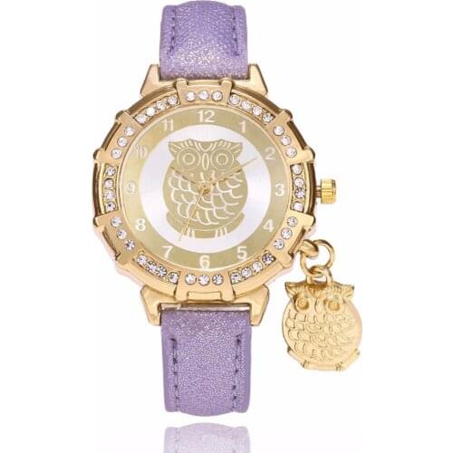 Luxury Women Watches Fashion Causal Women Quartz Wristwatch Ladies Bracelet Watches Relogio Feminino Owl Pendant Clock Purple