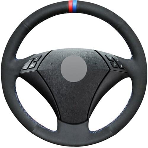 Black Suede Marker Hand-stitched No-slip Car Steering Wheel Cover for BMW 5 Series E60 (Sedan) 2003-2009 E61 (Touring) 2004-2009