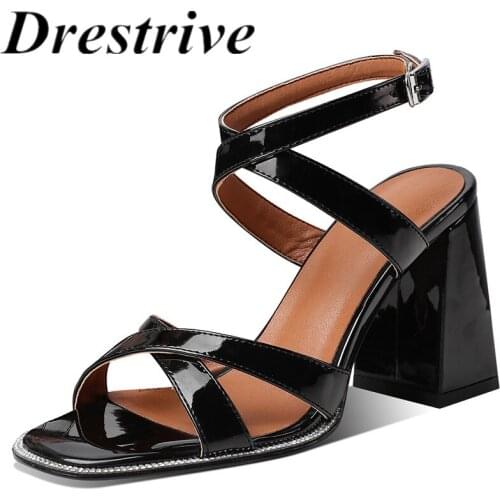 Drestrive Fashion Women Sandals Patent Leather Round Toe Large Size 43 Black 2021 Summer Thick High Heel Shoes Buckle