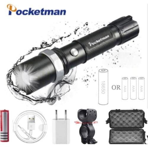 NEW LED Tactical Flashlight 5 Modes XM-T6 Zoomable Lanterna LED Torch With battery built-in 18650 Rechargeable For bicycling