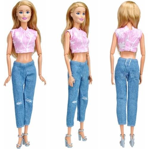 1/6 Fashion Pink Shirt Crop Top Ripped Denim Pants Jeans Trousers 11.5" Doll Clothes For Barbie Accessories Outfits Kids DIY Toy