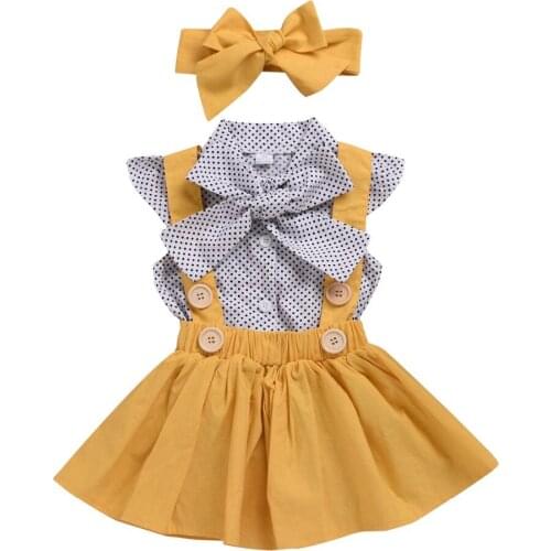 Newborn Kid Baby Girl Clothes Set Dot Bow Short Sleeve Shirt+Yellow Sling Skirt Bebe Children Clothing Set