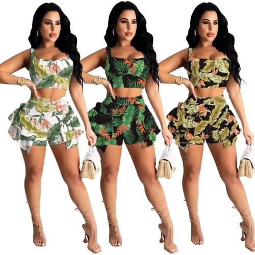 Summer Fashion Print Two-piece Suit Sexy Sling Open Navel Short Tops High Waist Ruffled Patchwork Chic Shorts 2pc Set Streetwear