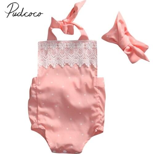 Newborn Infant Baby Girls Summer Romper Sleeveless Lace Dot Pink Backless Sunsuit Jumpsuits Headband 2PCS Sets Playsuit 0-18M
