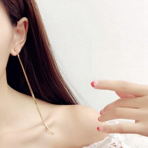 Ms Elegant Simple Metal Thin Chain Temperament Korean Personality Fashion Long Tassel Pendant Earrings