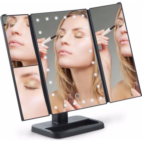 Trifold Table Makeup Mirror Personal 24 Beads Lamp Led Mirror Make Up Lipstick Folding Cosmetic Vanity Mirror with Lights