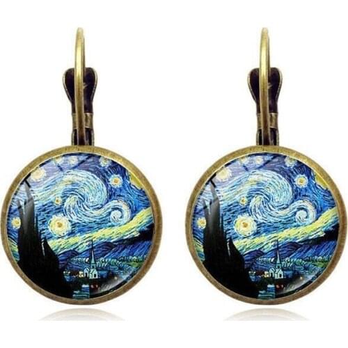 New Van Gogh Painting Starry Star Earrings Starry Night Earrings Van Gogh Womens Jewelry Round Crystal Dome Earrings