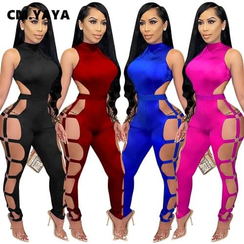 CMYAYA Women Sexy Lace Up Side Letter Sleeveless Jumpsuit Women Club Party Night Hollow Out Romper One Piece Overalls Outfits