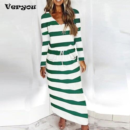 Women Long Dress Striped Drawstring V-Neck Long Sleeve Office Lady Dress Autumn Female Pullover Robe Ankle Dress Mujer Vestidos