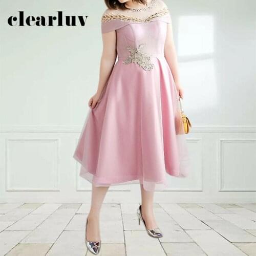 Illusion Sexy Prom Dresses DR1070 Shining Crystal A Line Pink Prom Dress O-neck Off The Shoulder Short Women Party Gowns