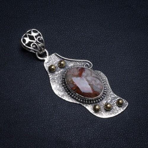 Natural Two Tones Crazy Lace Agate Handmade Boho 925 Sterling Silver Pendant 2" T0439