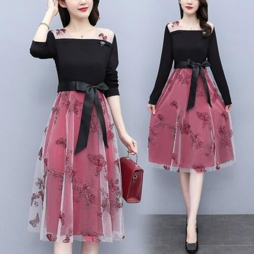 Long Sleeve Butterfly Embroidery Mesh Patchwork High Waist Knee Length Dress Women Autumn Plus Size Slim Bow Dresses Female 5XL