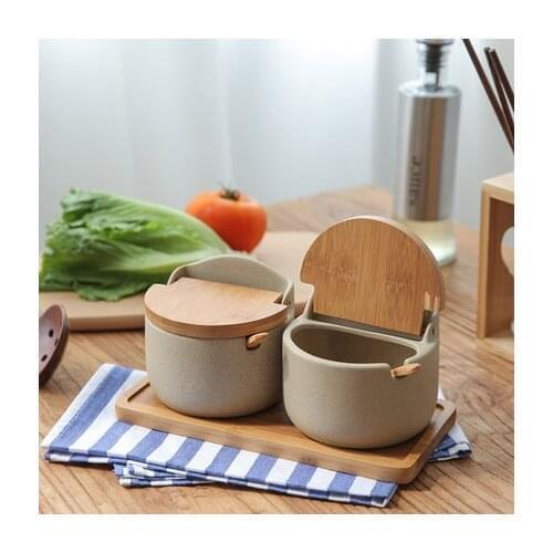 Japanese style flip ceramic seasoning jar kitchen salt and MSG seasoning box jar combination set home