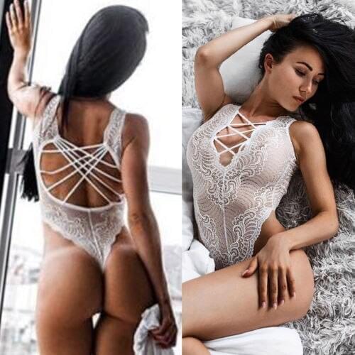 Sexy White Lace Women Bodysuits Ladies V-Neck Bandage Jumper Babydoll-Nightwear