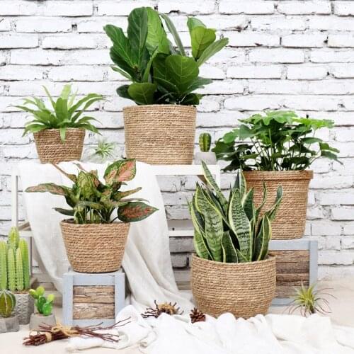 Nordic Art Straw Storage Basket Rattan Floor Flower Pot Crafts Decoration Home Living Room Shop Flower Basket Small Desktop Pot