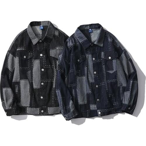 Retro Distressed Patch Denim Jacket Mens Japanese Streetwear Cargo Jacket Outwear Hip Hop Jacquard Beggar Denim Jean Jackets