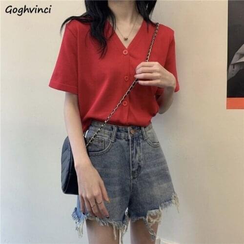 Short Sleeve T-shirts Women V-neck Solid Single Breasted Casual Knitted Crop Tops Female Vintage Preppy Style Simple All-match
