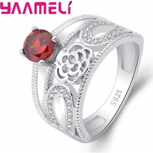 Elegant Rings Jewelry 925 Sterling Silver With Red Cubic Zirconia Women Wedding Party High Quality Gift Hollow Flower