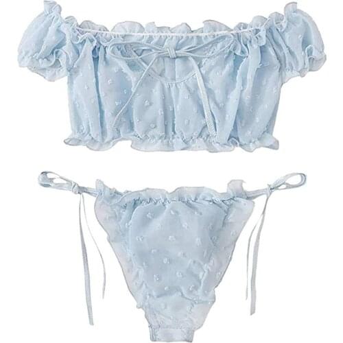 Women Sexy Two Piece Bra and Tong Lingerie Set Self Tie Ruffle Trim Dobby Mesh Babydoll Sleepwear Underwear Set Swimsuits Hot