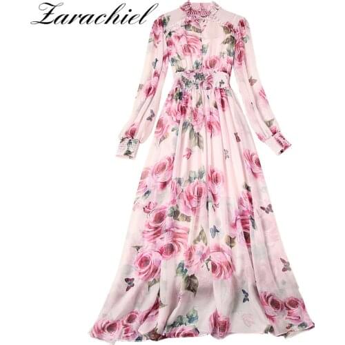 Women Runway Boho Rose Floral Maxi Dress Luxury Pink Flower Print Lantern Sleeve Beading Stand Collar Party Chiffon Long Dress