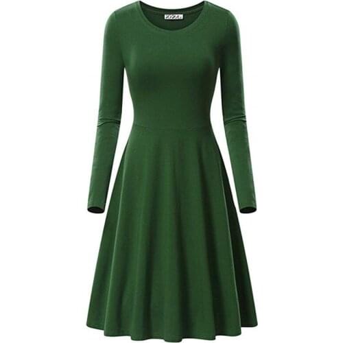 Autumn solid women dress Casual long sleeve o-neck A-line midi dress Vestidos red yellow purple green black