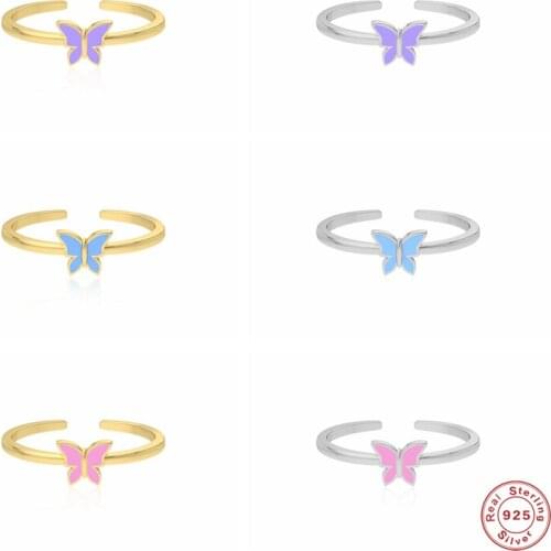 Aide 925 Sterling Silver Purple Pink Blue Enamel Butterfly Adjustable Rings For Women 2021 Trend Dripping Oil Finger Rings Gift