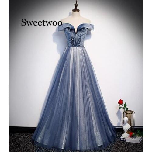 Women Sexy V-Neck Evening Party Dress Exquisite Appliques Dress Blue Robe De Soiree