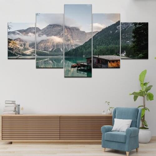 HD 5 piece canvas Printed lake boat mountain Painting Canvas Print room decor print poster picture canvas Free shipping