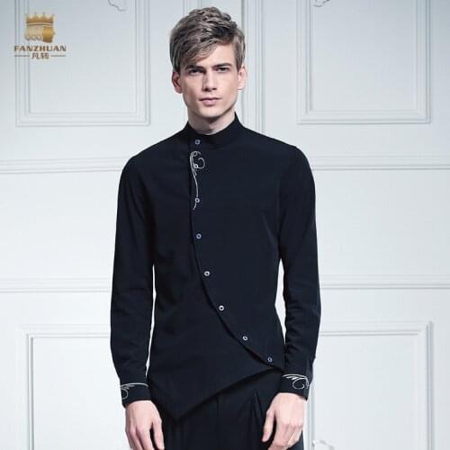 Free Shipping fashion casual male mens personality FanZhuan collar turned black thorn embroidered 612017 shirt China asymmetry
