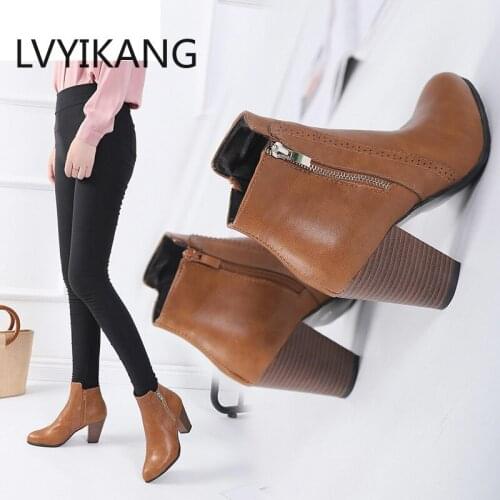 Women Fashion Shoes Vintage Boots Thick Women Ankle Boot High Heel Leather Ankle Boots Female Winter Warm Lace-up Shoes Botas