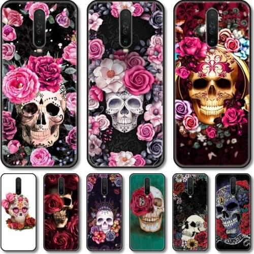Flowers skull Phone Case For XiaoMi Redmi Note 10S 9S 8 7 6 T Pro Black Cover Silicone Back TPU