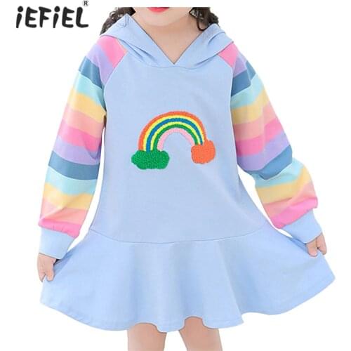 Spring Autumn Princess Dress For Girls Hooded Sweatshirt Colorful Long Sleeves Children Clothing Rainbow Print Kids Hoodie Dress