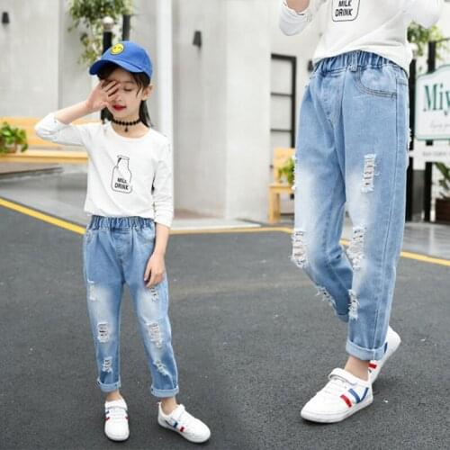 Girls Jeans Solid Color Kids Trousers Broken Hole Fashion Autumn Boys Pants Birthday Present 4-12 Years Old Children Clothing